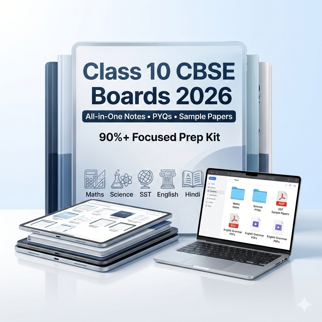 Class 10 CBSE Boards 2026 preparation kit with books, tablet, and laptop on a light blue background